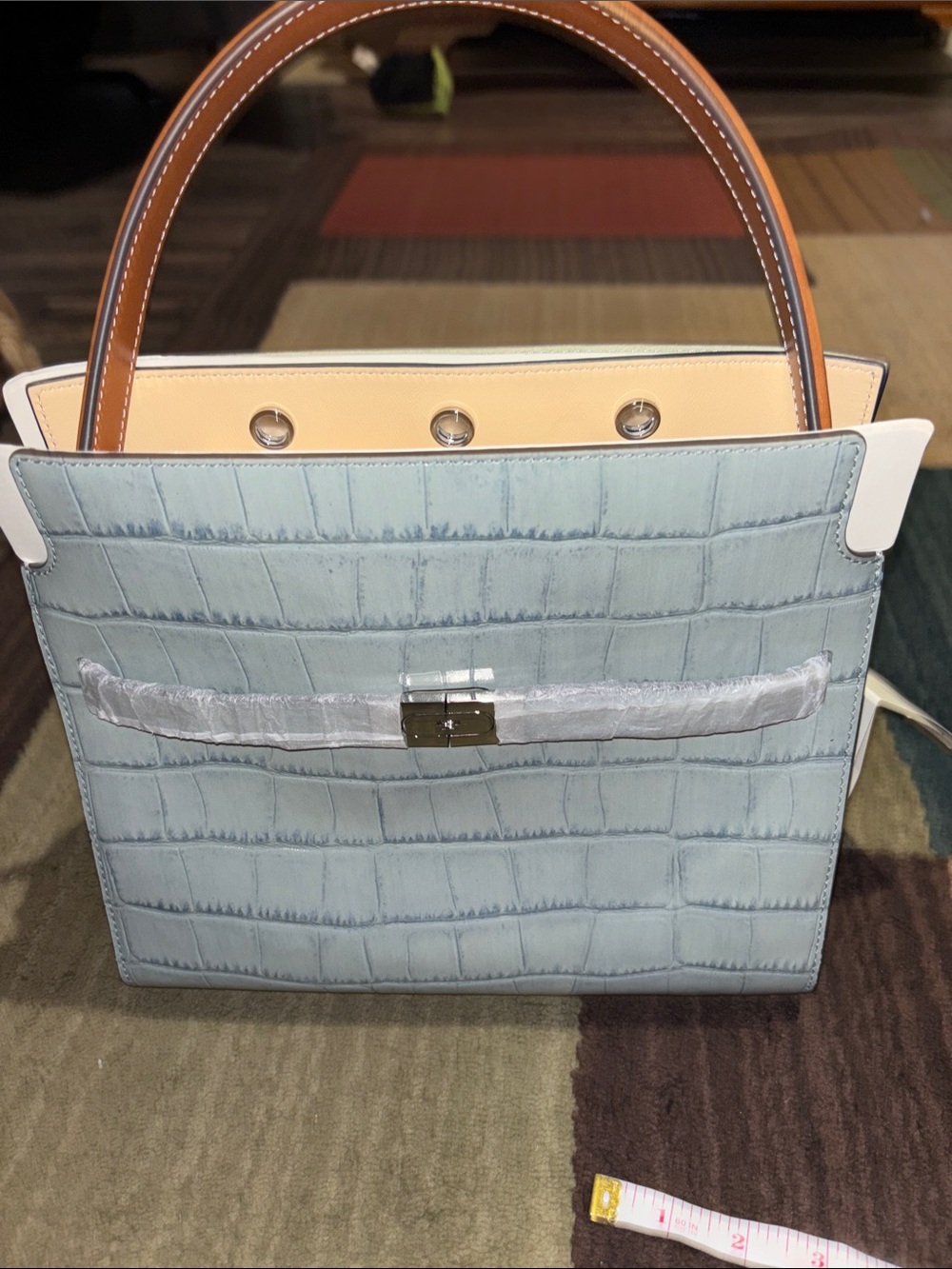 Tory Burch Lee Radzwill (small) Women’s Light Blue Croc-Embossed Top-Handle Bag